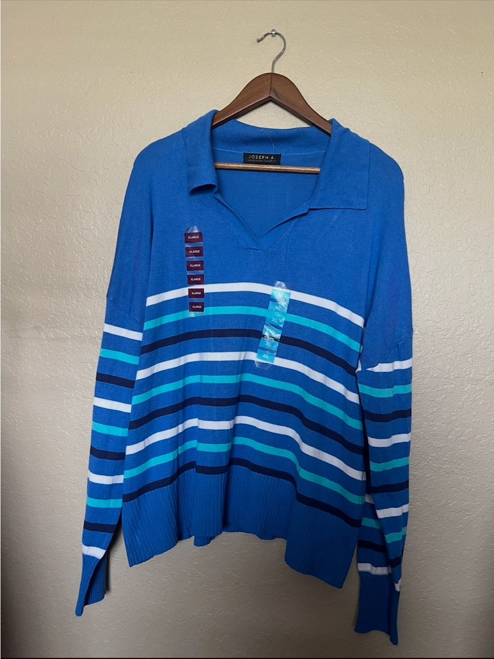 Nwt Joseph A. Sweater Xl Classic Blue Striped V-Neck Collared — image 5 of 8